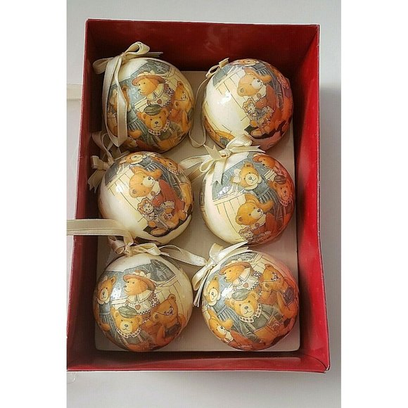 Teddy Bears 6 Ornaments Large Vintage Shatterproof Decoupage - Picture 1 of 2